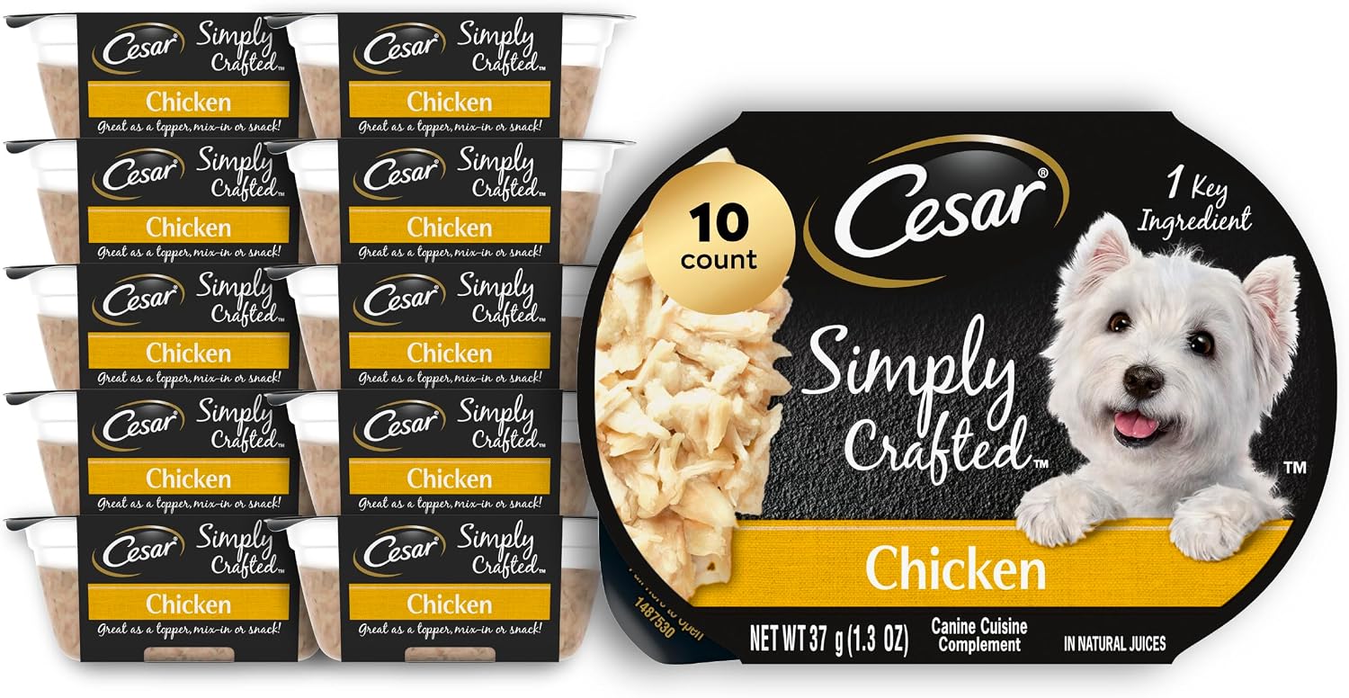 Cesar Simply Crafted Wet Dog Food Toppers, Chicken, 1.3 oz, 10 Count | Real chicken #1 ingredient, no by-products or artificial flavors, slow-cooked, easy to digest, single-serve tubs