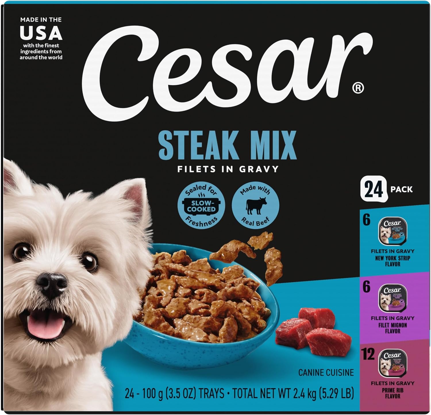 Cesar Filets in Gravy Wet Dog Food, Steak Mix Variety, 3.5 oz, 24 Count | Filet Mignon, New York Strip & Prime Rib, real meat, slow-cooked, no fillers/added sugar/artificial flavors, easy peel trays