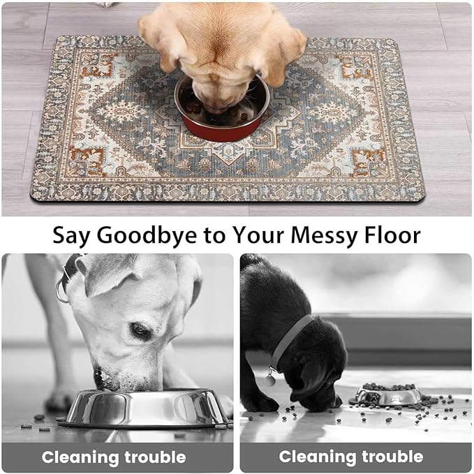 Dog Food Mats for Floors, Absorbent and Quick-Drying Pet Cat Food Mat,Anti-Fouling and Easy-to-Clean Pet Feeding Mat,Dog Bowl Mat for Messy Drinking Water Bowls.17 x32, Bohemia Style