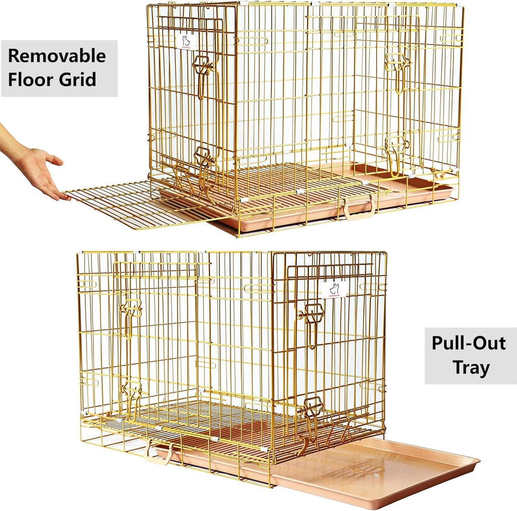 Homey Pet 24 Inch Small Dog Crate for Puppy, Copper Gold Wire Cage Kennel | Rust/Peel-Resist Nano-Coat, Collapsible, Removable Grid & Tray, Dual Doors w/ 4 Locks, Indoor Potty Training, Portable Travel