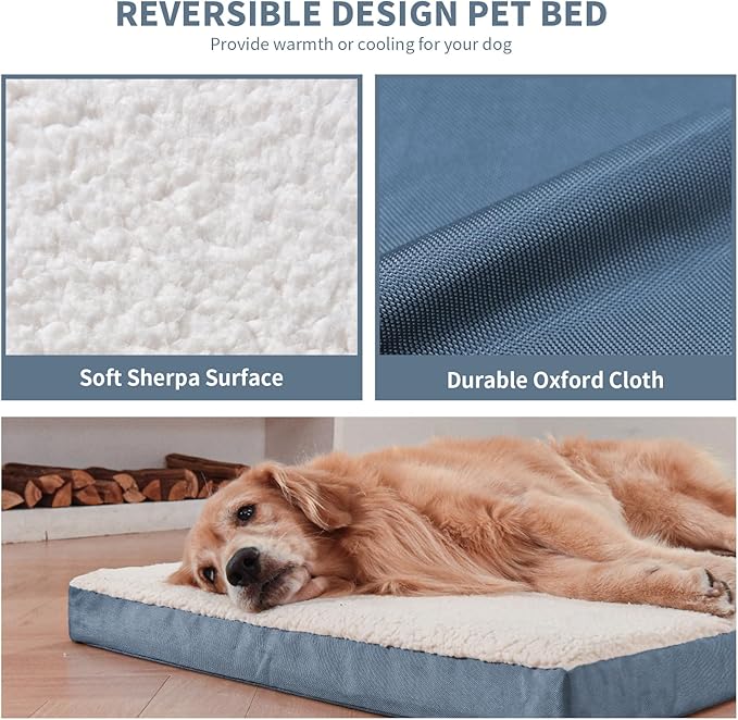 Plush Orthopedic Dog Bed for Medium Dogs & Puppies, Waterproof Dog Beds 30x20 Inch with Removable Washable Cover, Egg Crate Foam Flat Pet Mat, Blue White