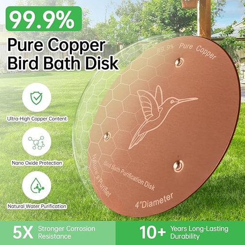 2 Pack Bird Bath Copper Discs, 99.9% Pure Copper Cleaner with Triple-Point Support, Reinforced Design for Safe Clean Water, Universal Fit for Outdoor Birdbaths and Bowls, All-Season Use