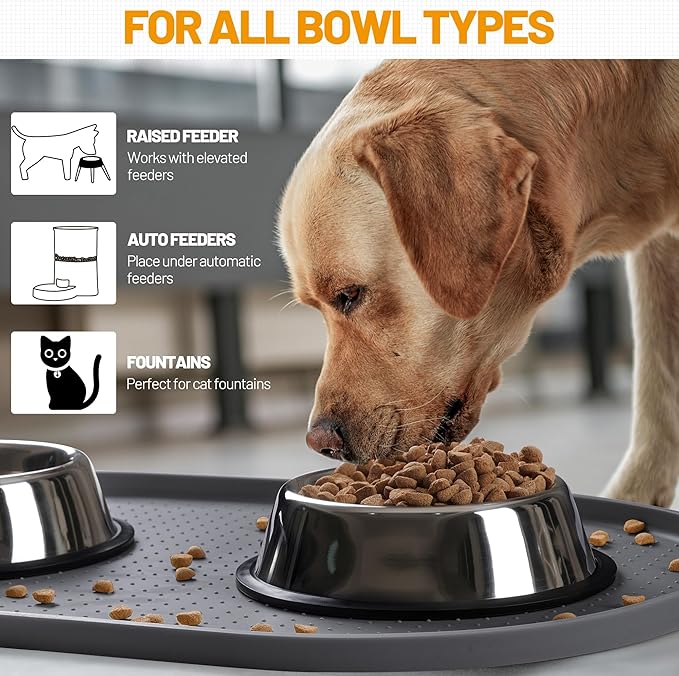 Hubulk 100% Waterproof Silicone Pet Feeding Mat with Raised Edge for Food and Water, Dog Bowl Mats, Cat Bowls Placemat with High Lip Protects Floor for Cats and Dogs (Gray, 16" L x 10" W)