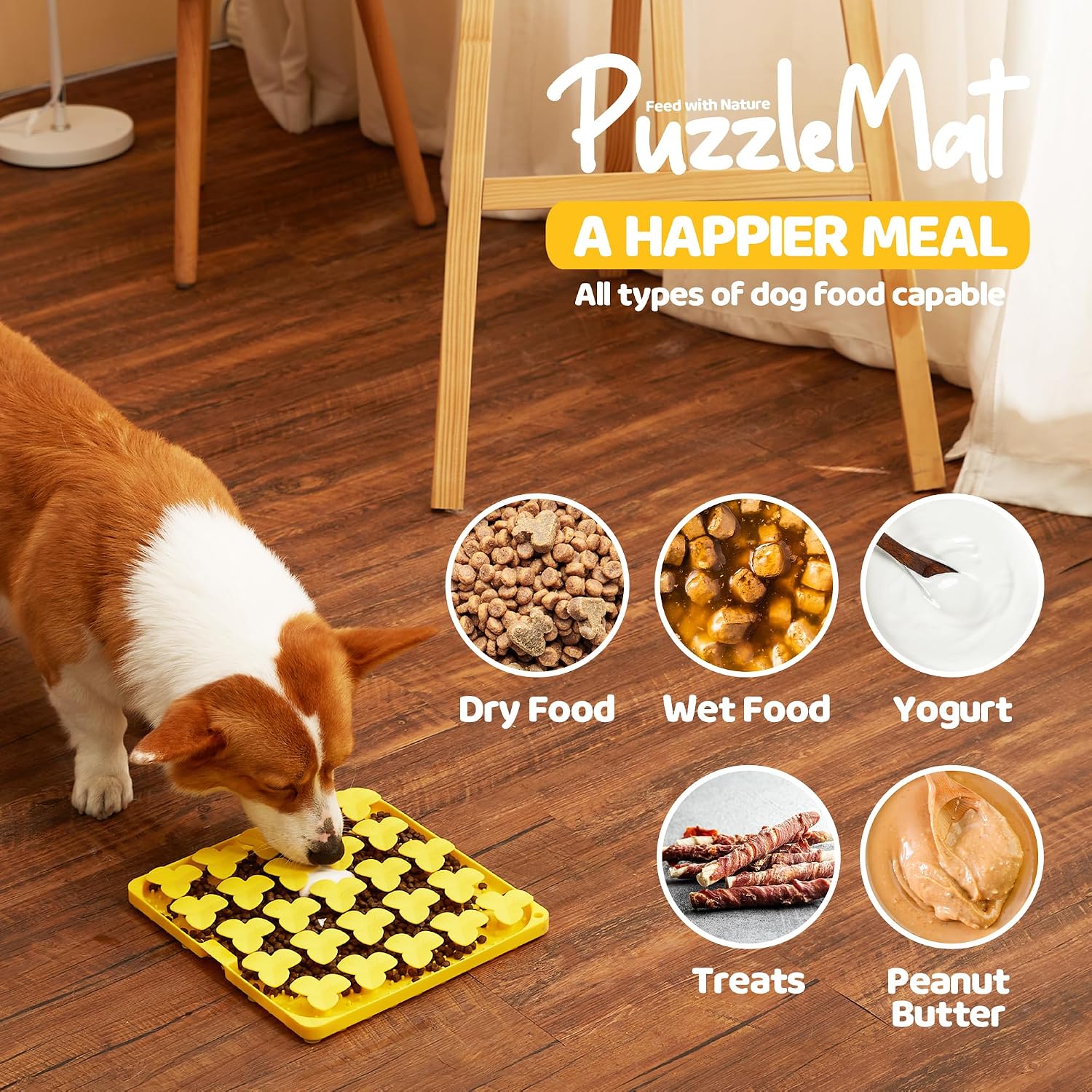 Silicone Mat with Suction Cups, Slow Feeder Bowl for Dry and Wet Food, Dog Enrichment for All Breed Dogs, Yellow