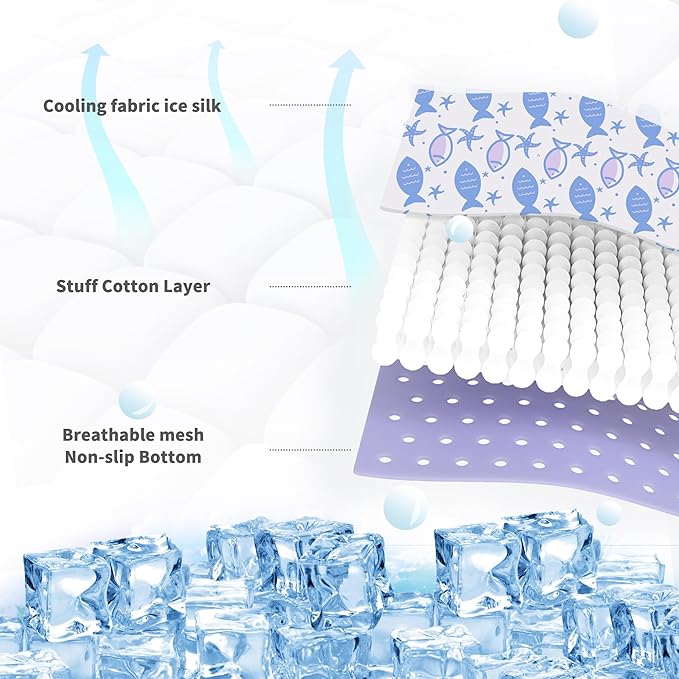 NWK Pack of 4 Pet Cooling Mat - Ice Silk Cooling Mat for Dogs & Cats Portable & Washable Pet Cooling Blanket, Car Seats, Beds for Summer (4pcs, Purple Fish, 39’’ X 27’’ X 0.3)