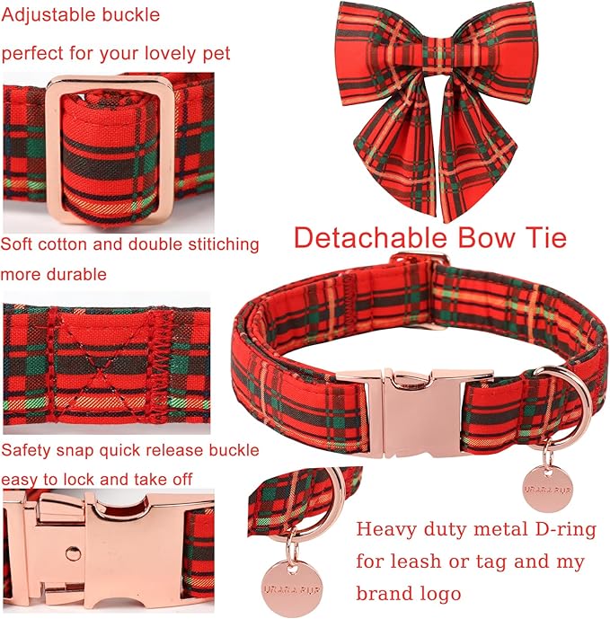 Christmas Dog Collar with Bow Tie, Cotton Christmas Plaid Collar for Medium Girl Boy Dog,Red &Green Plaid Dog Collar Bowtie with Durable Metal Buckle,Adorable Pet Collar,M,Neck 13.5-22in