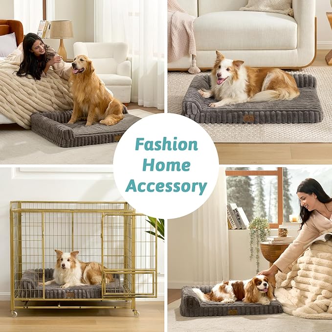 Cute Dog Bed, Faux Rabbit Fur Orthopedic Foam Dog Bed with Sides, Removable Washable Cover & Waterproof Lining, Comfortable Pet Couch for Large Dogs, Grey (44" L x 32" W x 7" Th)