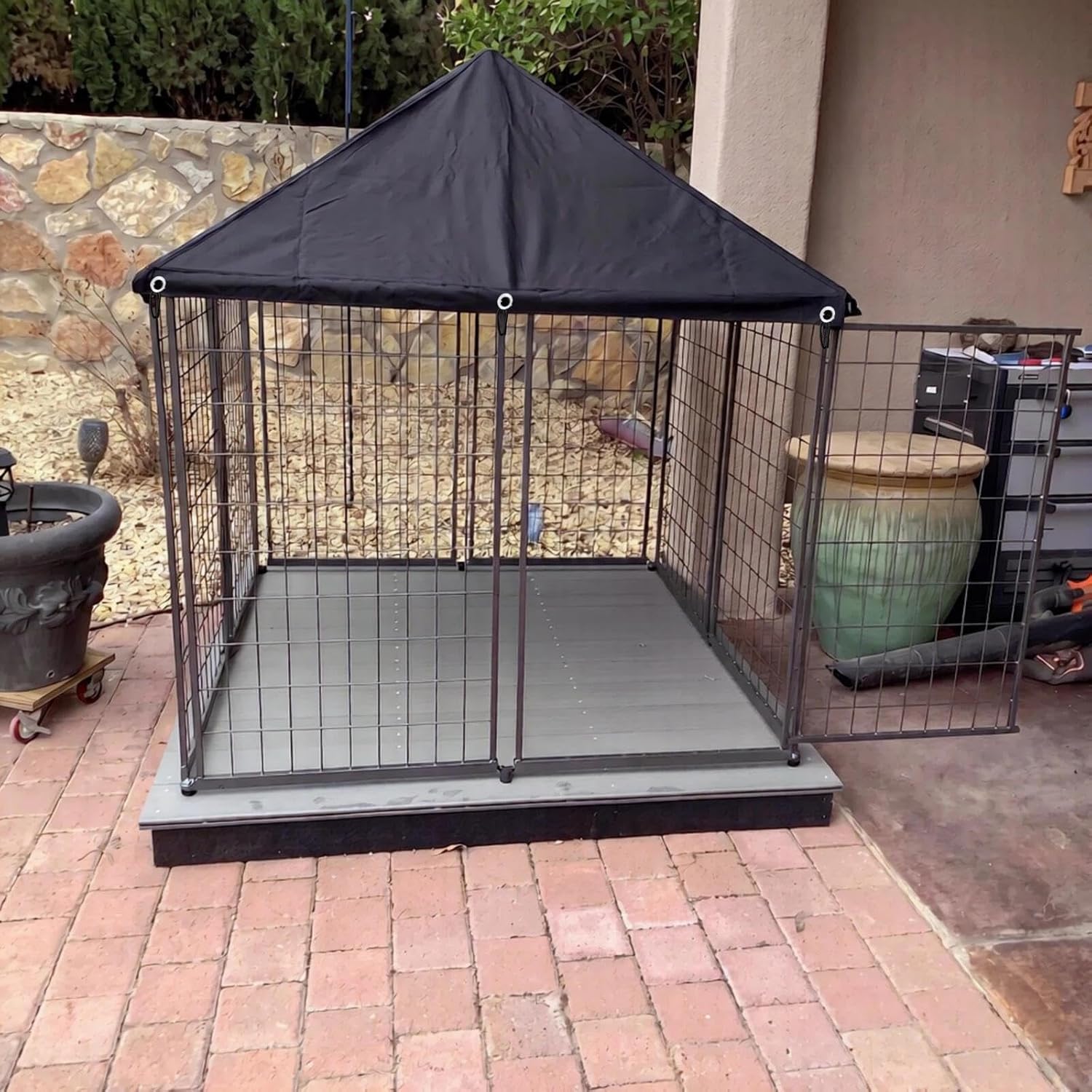 Outdoor Dog Kennel Cover 4.6'W x 4.6'L Replacement Covers | Waterproof, Dustproof, and UV-Resistant 600D Oxford Fabric with Spherical Elastic Cord and Storage Pouch(Covers Only) - Black