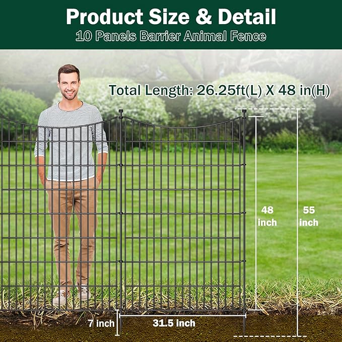 10 Panels Decorative Garden Fence with Gate, 48 in(H) X 26.25 ft(L) No Dig Dog Fence Animal Barrier Outdoor for Yard, Rustproof Metal Garden Edging and Borders, Temporary Fencing Stakes