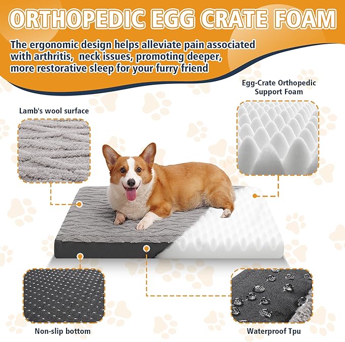 Orthopedic Dog Beds for Medium Dogs – Waterproof Plush Pet Mattress with Removable Washable Cover, Non-Slip Bottom, Memory Foam Dog Bed for Crate, 30x20 Inch, Grey