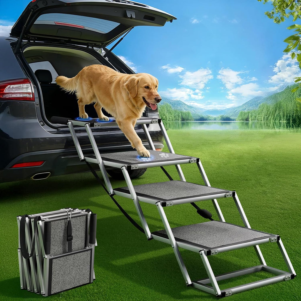 Dog Stairs for Large Dogs, 𝟐𝟎'' 𝐄𝐱𝐭𝐫𝐚 𝐖𝐢𝐝𝐞 Foldable Dog Ramp for Car, SUV & Truck, Non-Slip DogSteps for High Beds, 4-Step Aluminum Frame, Supports up to 250 lbs