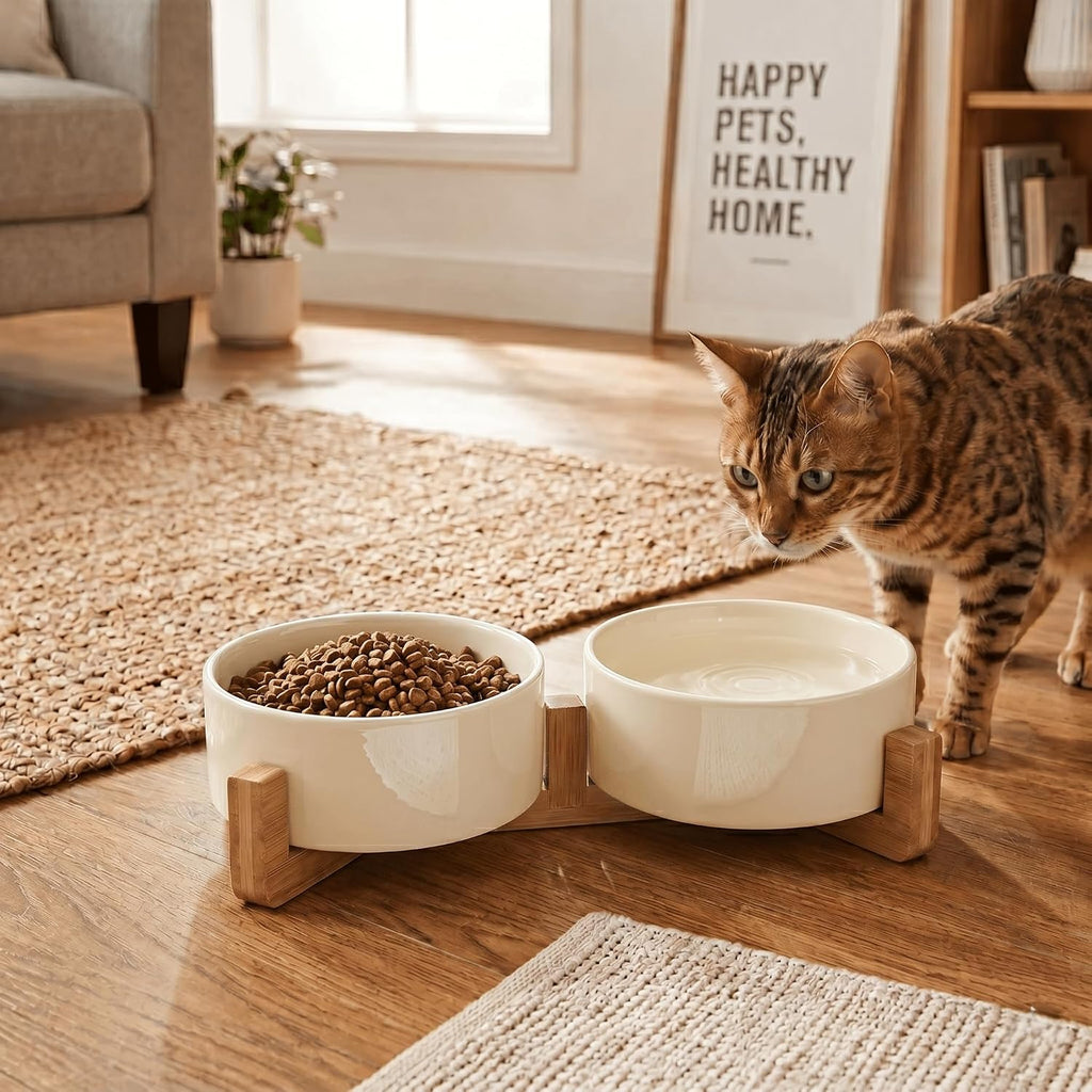 SPUNKYJUNKY Ceramic Dog and Cat Bowl Set with Wooden Stand, Modern Cute Weighted Food Water Set for Small Size Dogs (13.5OZ) & Medium Sized Dogs (28.7OZ) & Cats (1.7 Cups, 2 × Beige)