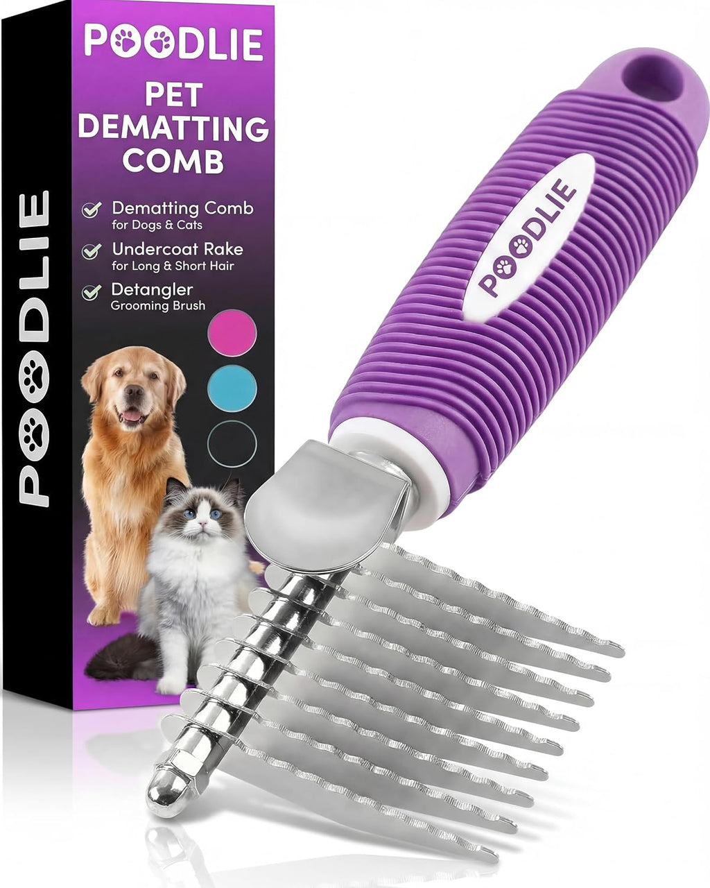 Poodle Dematting Fur Rake Comb Brush for Dogs and Cats - Long 2.5" Steel Safety Blades Metal Comb for Detangling Matted or Knotted Undercoat Hair