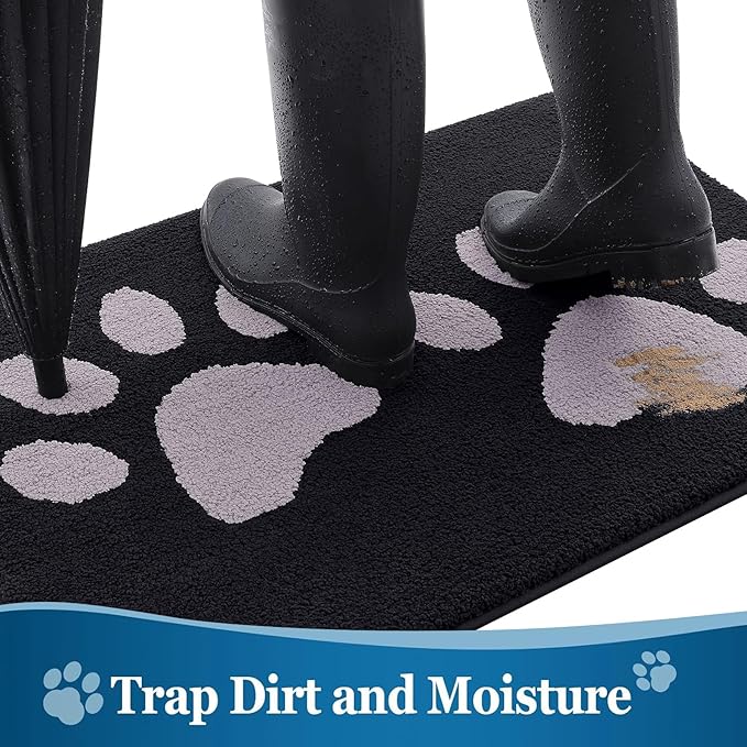 Buganda Dog Door Mat for Muddy Paws, Absorbent Dirt Trapper Washable Indoor Doormats, Non Slip Low-Profile Mud Mat for Dogs, Front Entrance Doormat for Inside Floor (47x24 Inches, Black and Grey)