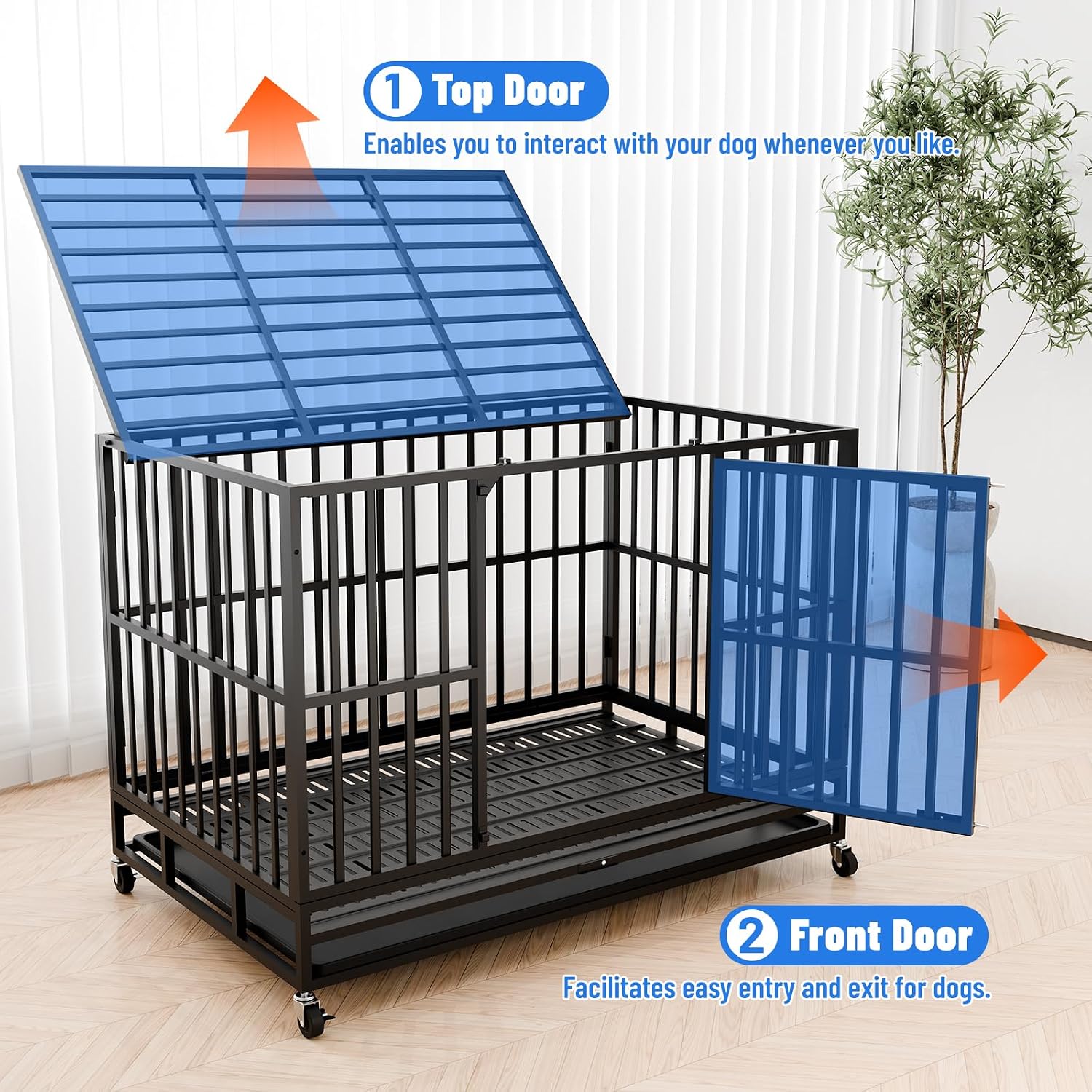 NUGRIART 48 Inch Heavy Duty Indestructible Dog Crate, XL Steel Escape-Proof Kennel for Large Dogs, Double Door Design with 4 Locking Wheels & Reinforced Baseplate, Ideal for High-Anxiety Dogs