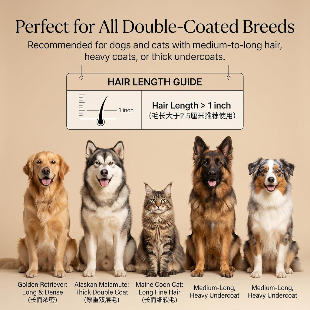 2-Sided Undercoat Rake for Dogs and Cats, Wooden Handle | Dematting Comb for Thick Double Coats, Dual-Head Grooming Tool to Remove Stubborn Mats & Heavy Undercoat Shedding