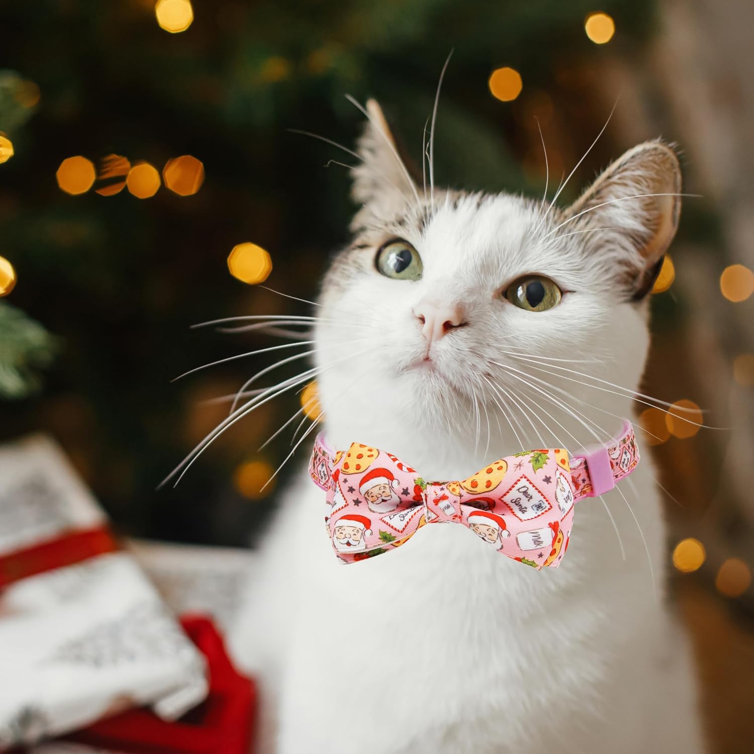 Christmas Cat Collar 2-Pack - Cute Santa & Cookies Holiday Collars with Removable Bow Tie & Bell, Adjustable Breakaway Safety Buckle for Kitties Kittens (Pink & Blue)