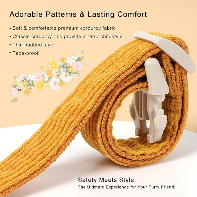 Cute Corduroy Dog Collar - Mustard Yellow Adjustable Dog Collars for Medium Dogs 25-50lbs, Fade-Proof with Secure Snap & Little Charm, Christmas Birthday Gift, M