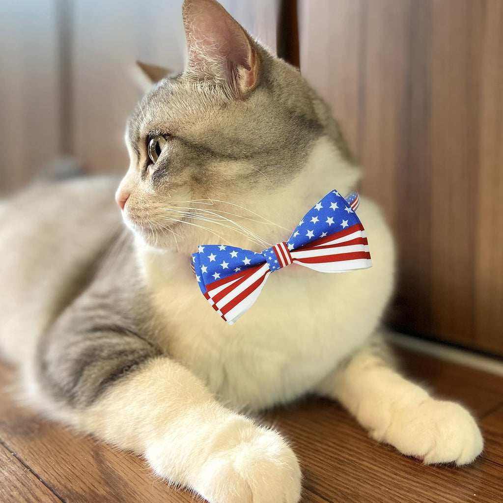 4th of July Cat Collar with Bow Tie, Indepedence Holiday USA Heart Collar for Boys and Girls Kitties and Kittens