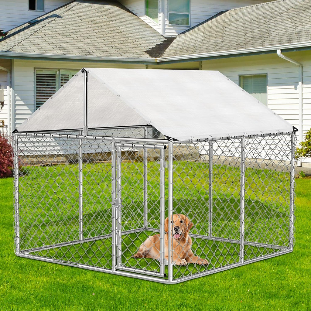 Outdoor Dog Kennel Cover Waterproof, 7.5 x 8 FT UV Protection Dog Fence Tarp with 50 Zip Ties for Outside Large Dog Enclosure Cage (Cover Only)