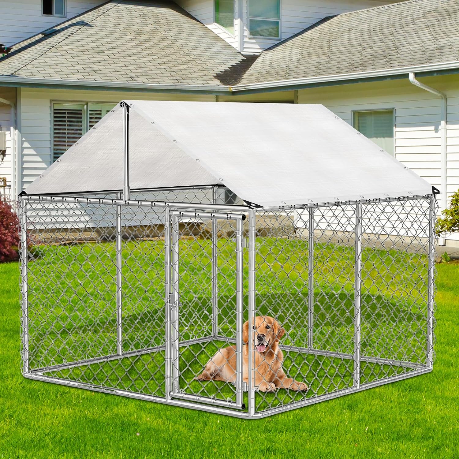 Outdoor Dog Kennel Cover Waterproof, 7.5 x 8 FT UV Protection Dog Fence Tarp with 50 Zip Ties for Outside Large Dog Enclosure Cage (Cover Only)