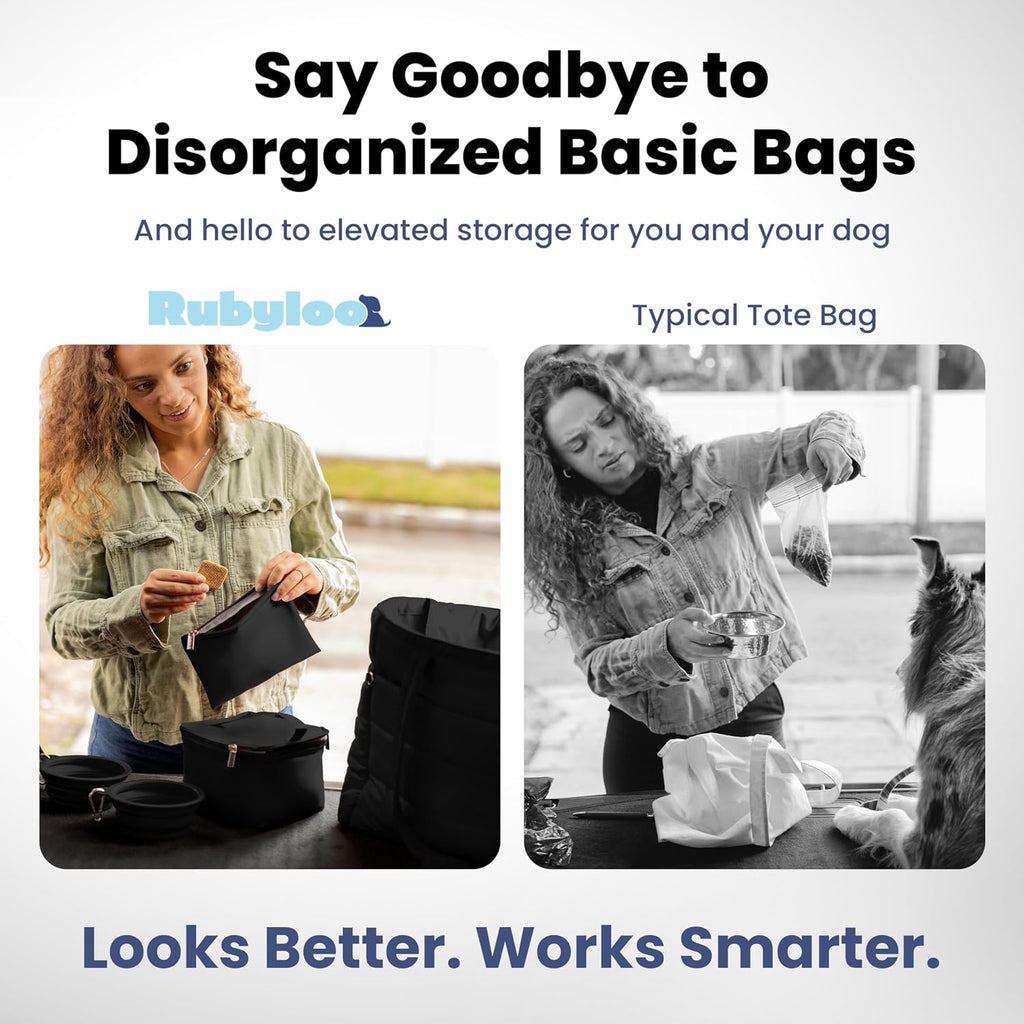 Puffer Dog Travel Bag for Dog Moms, Diaper Bag with Travel Bowls | 2 BPA-Free Collapsible Bowls, 2 Pet Food Containers, 9 Pockets, Everyday Puffer Bag Works With or Without Your Dog, Black