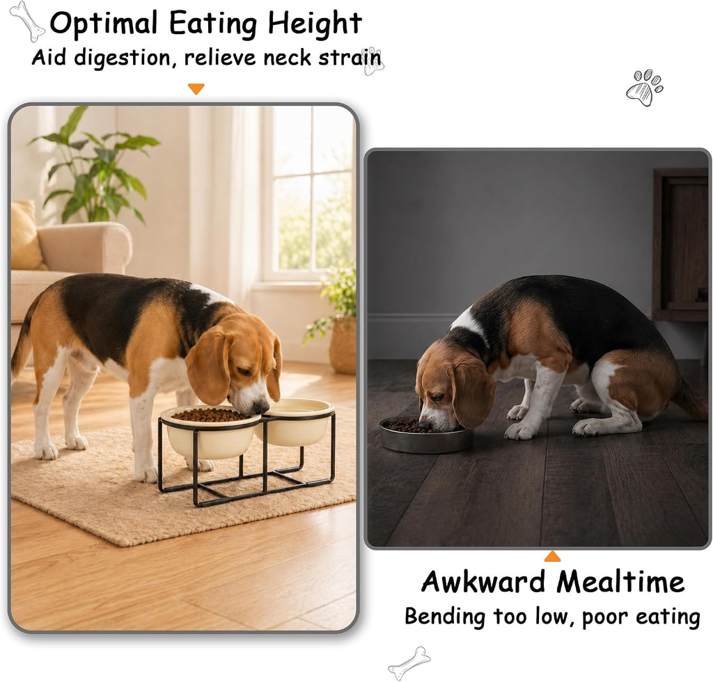Elevated Ceramic Dog Bowl Set - Double Dishes with Non-Slip Iron Stand - Raised Feeding Station for Food & Water - Ideal for Small and Medium Dogs - 2 × 720ml Capacity - Beige - 15 cm Height