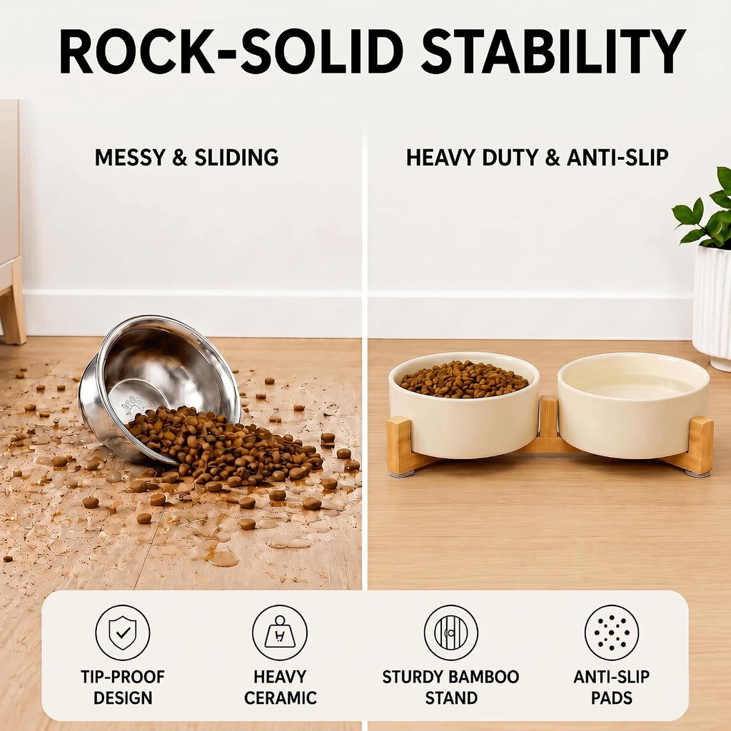 SPUNKYJUNKY Ceramic Dog and Cat Bowl Set with Wooden Stand, Modern Cute Weighted Food Water Set for Small Size Dogs (13.5OZ) & Medium Sized Dogs (28.7OZ) & Cats (1.7 Cups, 2 × Beige)
