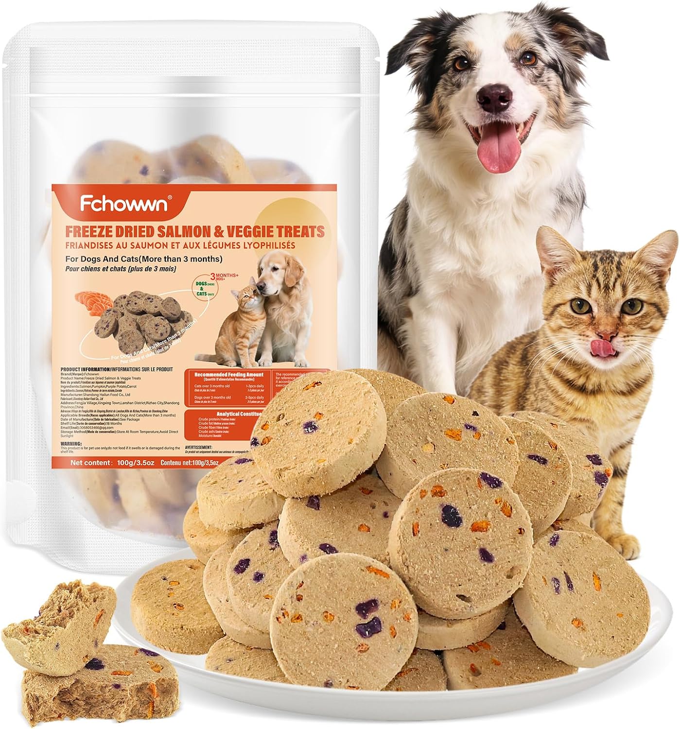 100g/3.52oz Dehydrated Salmon&Veggie Treats for Cats and Dogs,Includes Pumpkin,Purple Potato and Carrot,All Natural and Delicious Snack Bites for Pets,Perfect for Training and Rewarding
