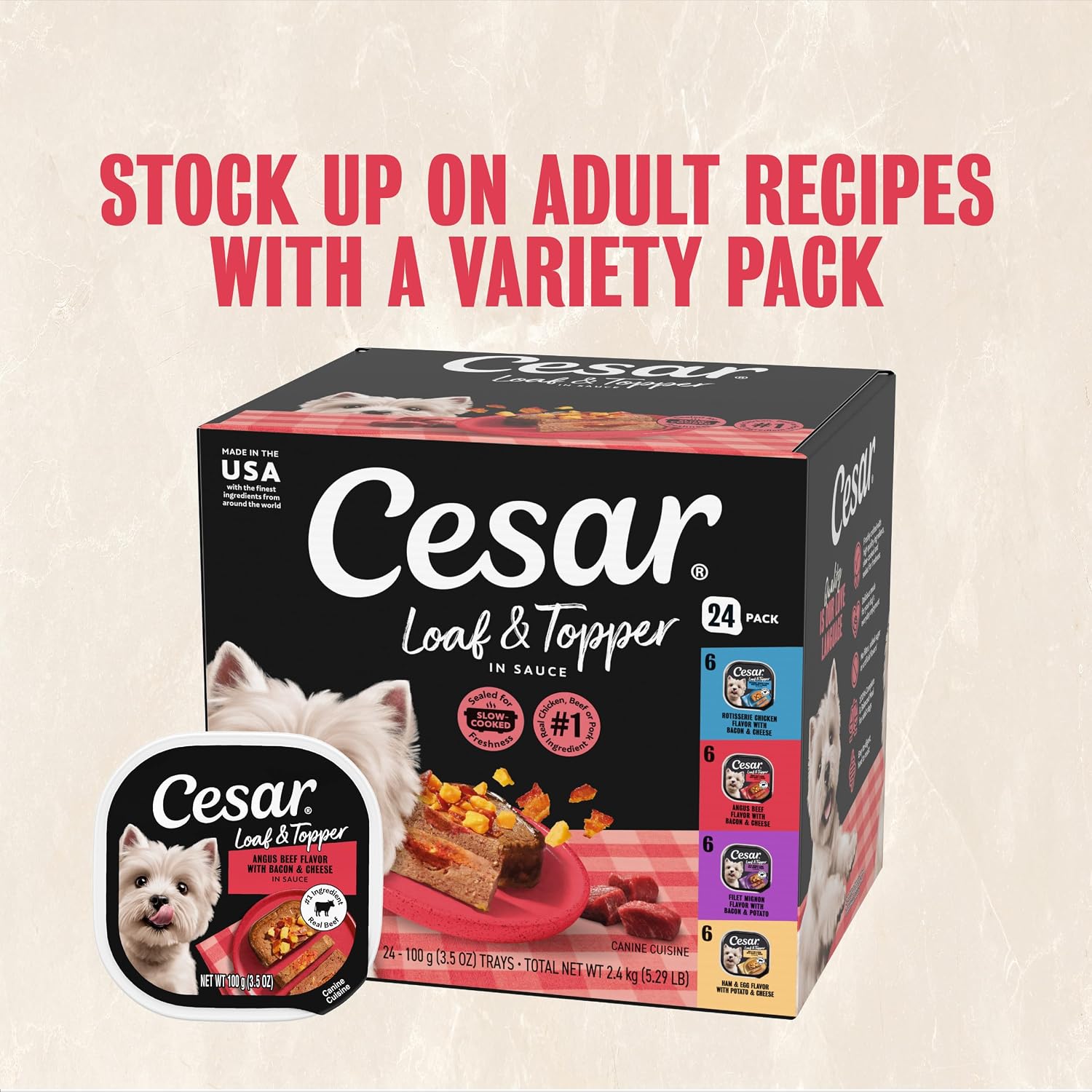 Cesar Loaf & Topper Wet Dog Food, Variety Pack, 3.5 oz, 24 Count | Real meat #1 ingredient, no fillers or artificial flavors, easy-to-digest, slow-cooked tender texture, easy peel trays