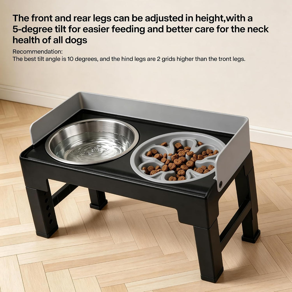 Pawise Elevated Dog Bowl Stand，Adjustable Height，Slow Feeder for Dogs | Splash proof,1 Slow Feeder Bowl， 2 stainless steel bowls, 6 heights for all dog sizes
