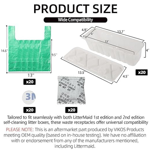 20-Pack Disposable Litter Box Waste Receptacles Compatible with Littermaid Waste Receptacles Fits 1St/2nd Edition Automatic Cat Litter Box, Come with 20pcs Liners & 20pcs Carbon Filters