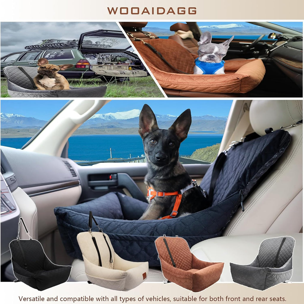 WOOAIDAGG Dog Car Seat for Small Dogs,Ultra-Soft Fabric,2 Storage Pockets & Safety Leash,Adjustable Straps,Easy to Install,Fully Detachable and Washable(Beige)