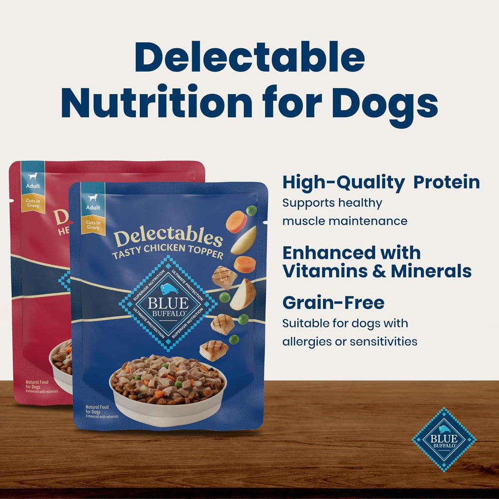 Blue Buffalo Delectables Variety Pack Dog Food Topper, 3 oz, 12 ct | Grain-Free, Chicken & Beef Recipes, Real Meat Cuts in Gravy, Single-Serve Pouches