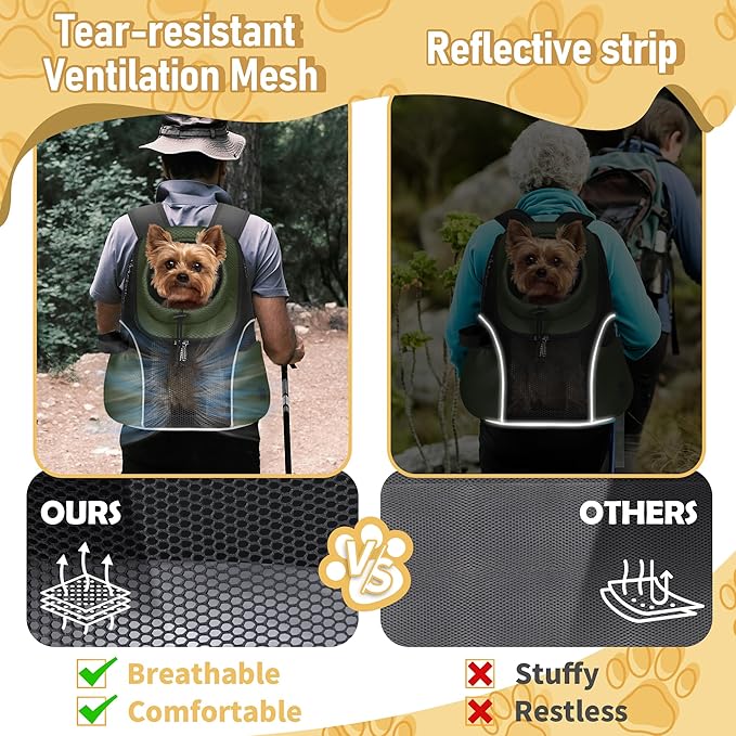 WOYYHO Pet Dog Carrier Backpack Small Dog Front Backpack Ventilated Mesh Dog Travel Back Pack with Safety Belt for Travel Hiking Cycling Outdoor Adventures (Size S: 2-4.5 lbs, Army Green)