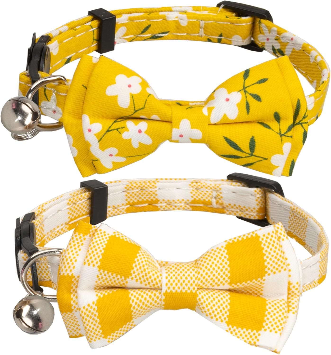 Cat Collar with Bow Tie Bell Breakaway Bowtie 2pcs Set Spring Plaid Flower Floral Solid Boy Girl Cute Kitten Safety A Yellow Flower & Plaid