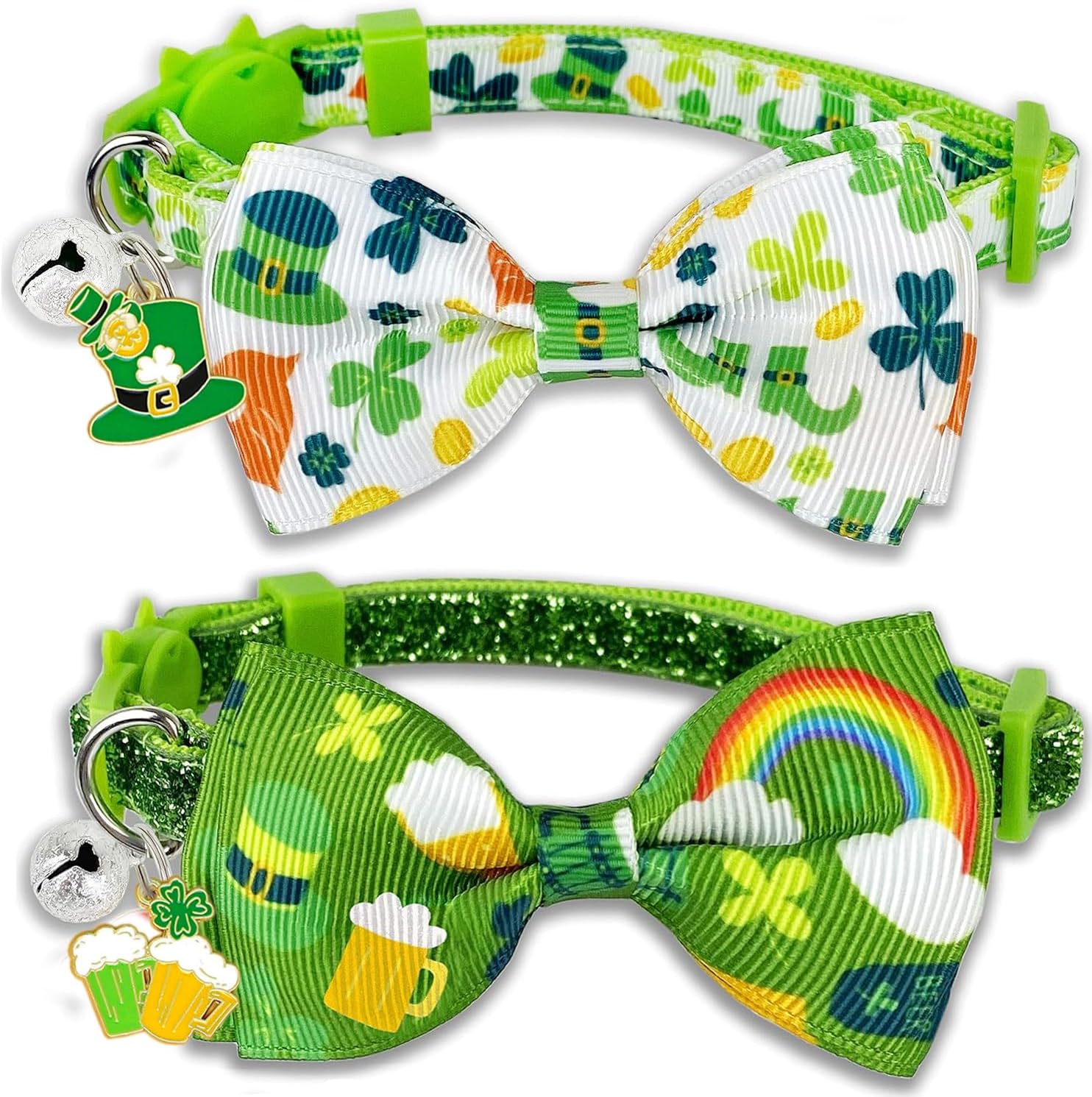St. Patrick's Day Cat Collar with Bow Tie and Bell, Adjustable Breakaway Shamrock and Rainbow Kitty Collar, Holiday Accessories for Cats and Kittens, Boys and Girls