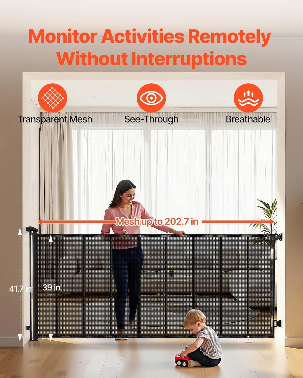 VEVOR Retractable Baby Gate, Extends to 202.7 inch Extra Wide, 39 inch Tall, with Reinforced Fiberglass Strips, Avoids Crawling Through, Mesh Dog Gate for Decks, Doorways, Garages, Indoor, Black