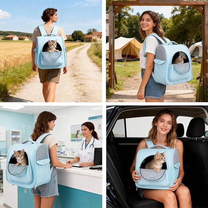 Cat Carrier Backpack,Large Space Animal Carrier Backpacks for Small Dogs Kitten and Medium Cats, Comfort & Safety,Design Reduces Pressure for Travel Outdoor and Vet Visits (Blue)