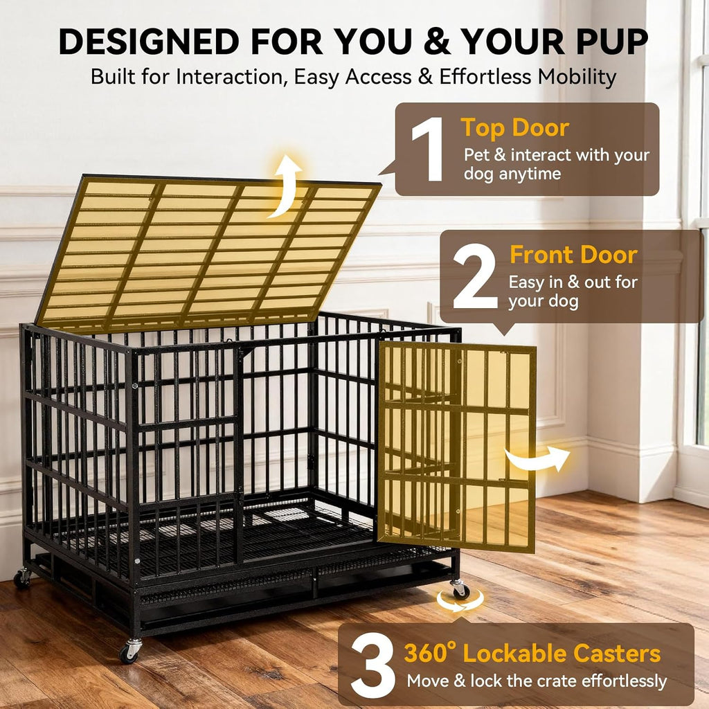 Oranland 48-Inch Heavy Duty Dog Crate for Large Dogs | Indestructible Dog Cage with Escape-Proof Lock,Double Doors,Secure Locks,Removable Wire Tray for High Anxiety Dogs