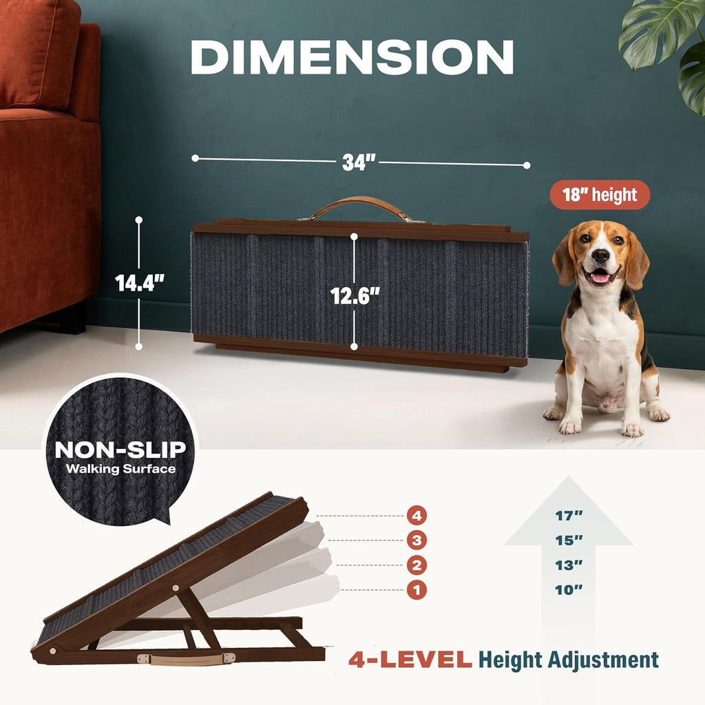 Dog Ramp - Folding Dog Ramp for Bed & Couch - Dog Stairs | 34" Long, 12.6 Wide, Portable, Solid Walnut Wood, 250 lbs Weight Capacity, Corgi, Dachshund, Beagle