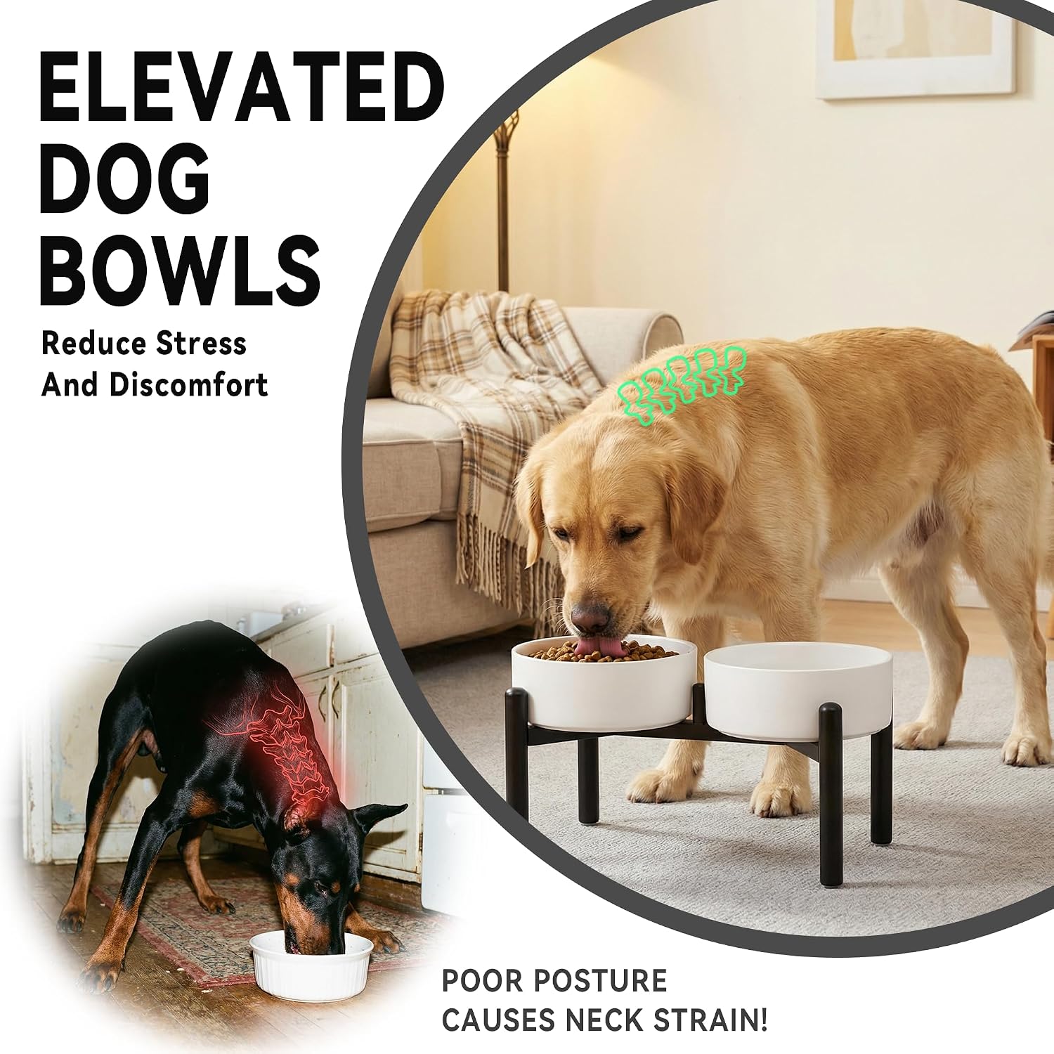 Raised Ceramic Dog Bowl Set with Stand, 7.5 Cups Elevated Dog Food Stand | 8.4'' Double Dog Food and Water Bowl Set, Non-Slip Dog Feeding Dishes for Small Breeds and Cats, 59.2 OZ, White