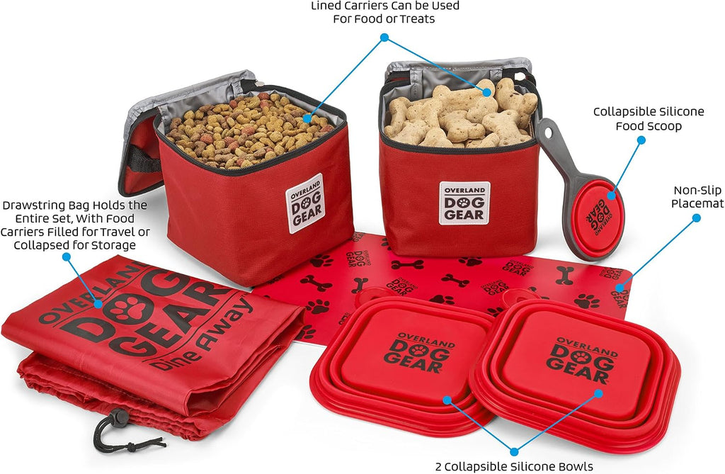 Mobile Dog Gear, Dine Away Dog Travel Bag for Medium and Large Dogs, Includes Lined Food Carriers and 2 Collapsible Dog Bowl, Collapsible Scooper and Placemat, Red