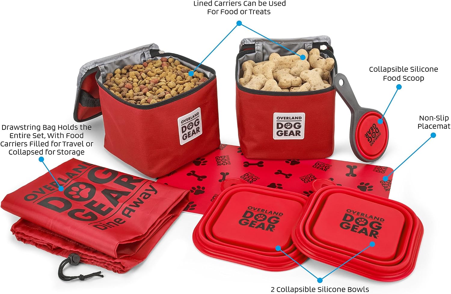 Mobile Dog Gear, Dine Away Dog Travel Bag for Medium and Large Dogs, Includes Lined Food Carriers and 2 Collapsible Dog Bowl, Collapsible Scooper and Placemat, Red