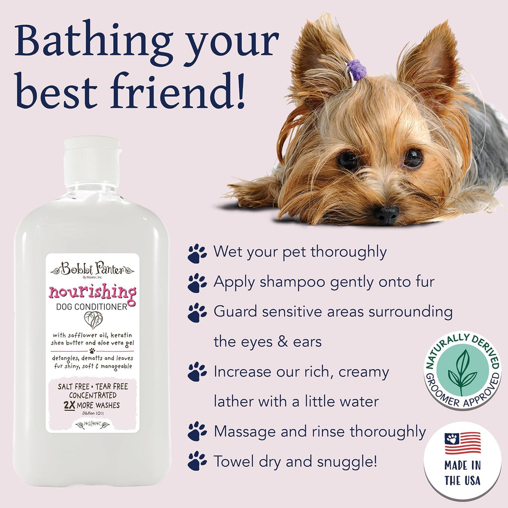 Bobbi Panter Nourishing Dog Conditioner Safflower Oil, Keratin, Shea Butter & Aloe Vera – Detangling Natural Formula for Soft, Smooth & Manageable Coat, 10:1 Concentrate, Made in USA, 14 oz