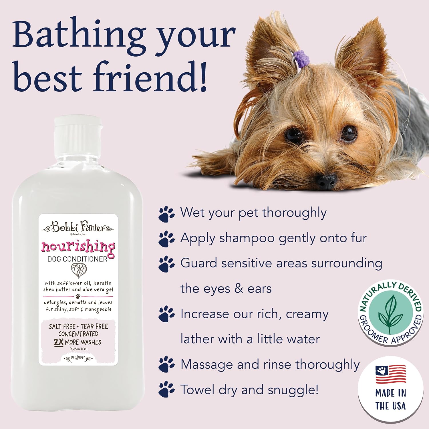 Bobbi Panter Nourishing Dog Conditioner Safflower Oil, Keratin, Shea Butter & Aloe Vera – Detangling Natural Formula for Soft, Smooth & Manageable Coat, 10:1 Concentrate, Made in USA, 14 oz