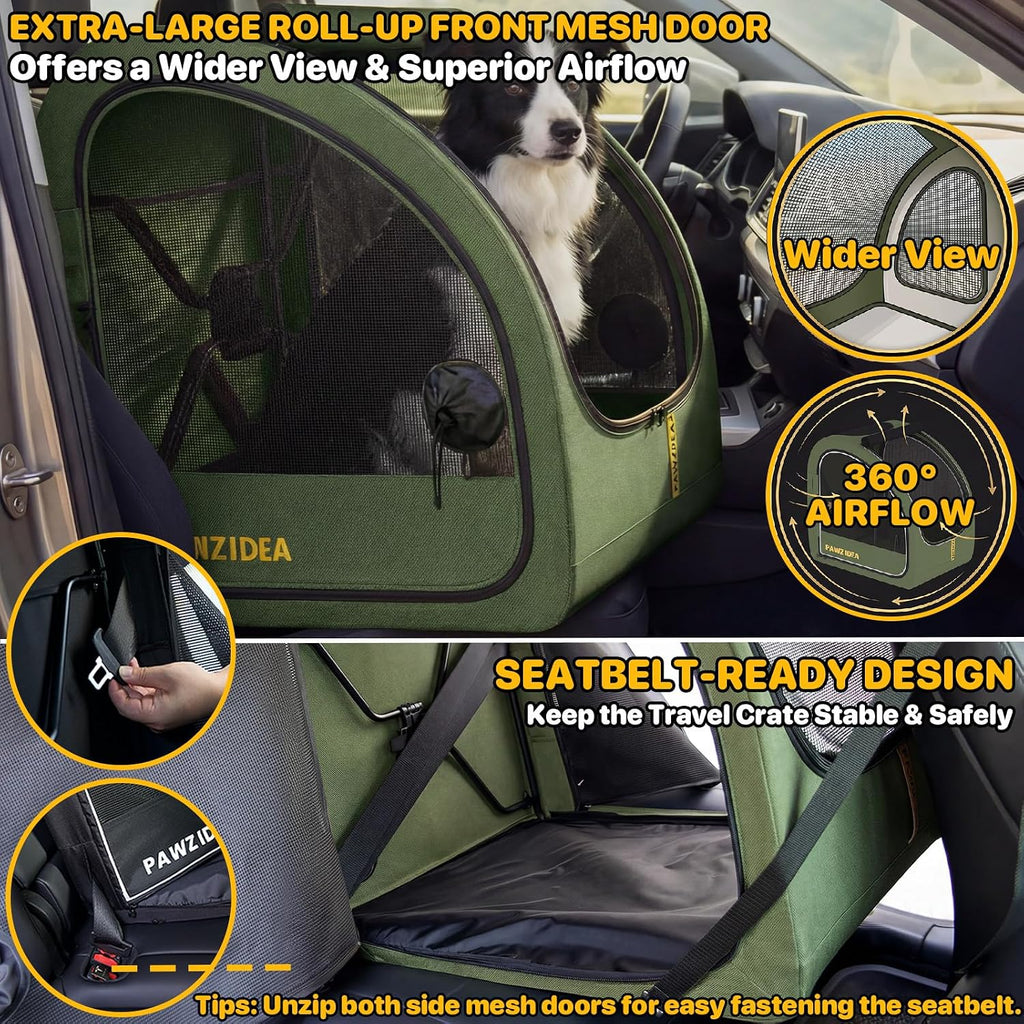 PAWZIDEA Portable Dog Crate for Car Travel, Medium & Large Dogs Up to 80lbs | Soft-Sided Dog Car Kennel for Backseat, Secures Seatbelt & Headrest Strap, Collapsible Enclosed Car Seat Carrier, Chew-Proof