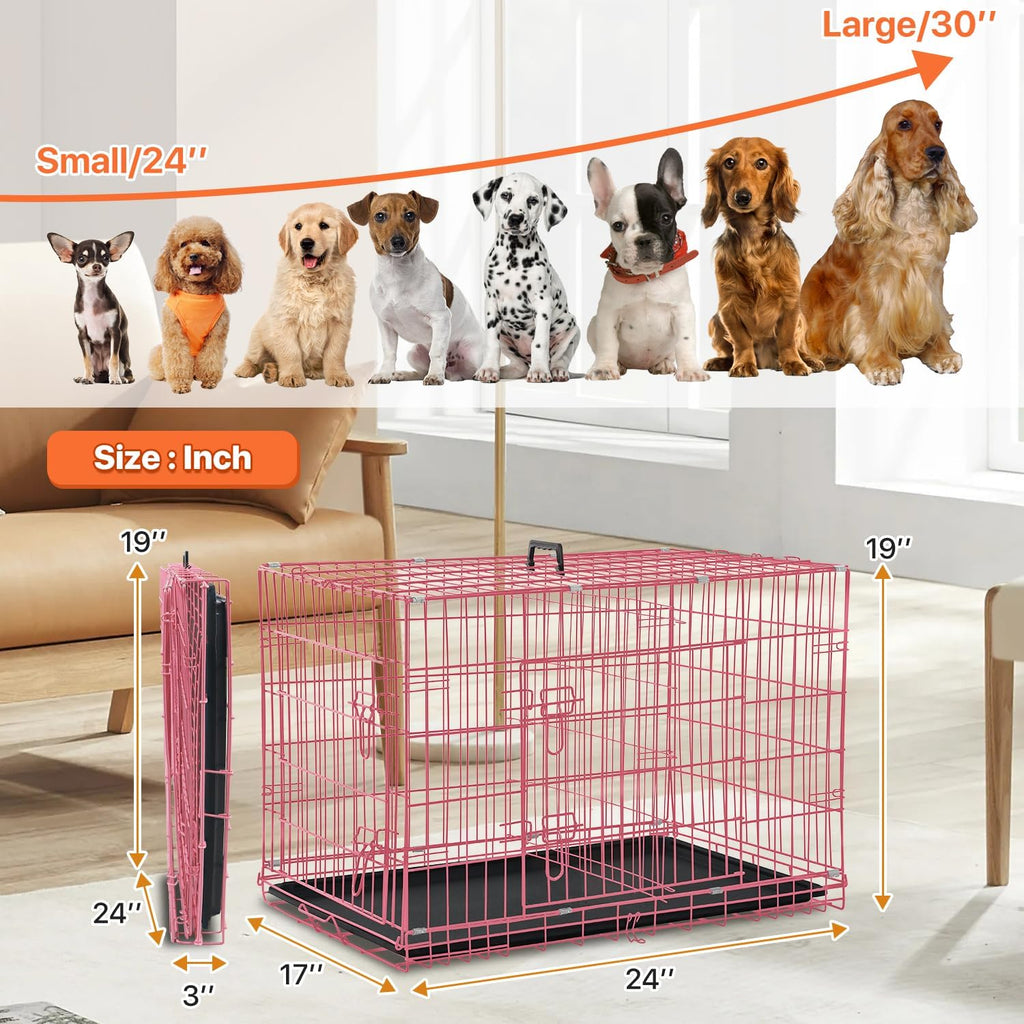 Dog Crate for Large Medium Small Dogs, Folding Dog Kennel Cage with Plastic Tray & Divider 48"/42"/ 36"/ 30"/ 24" Indoor Outdoor Metal Double Door Heavy Duty Dog Pen Enclosure, Pink(24 Inch)