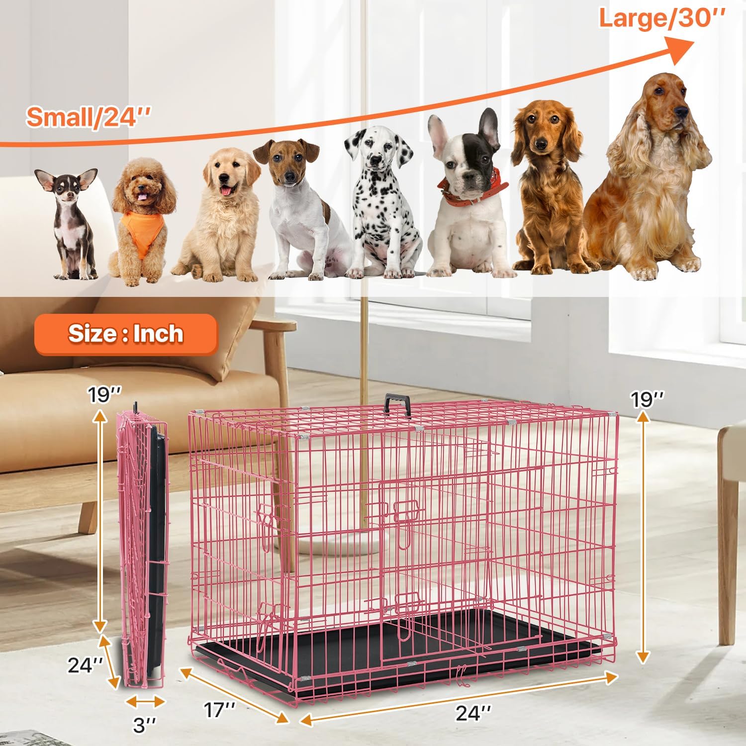Dog Crate for Large Medium Small Dogs, Folding Dog Kennel Cage with Plastic Tray & Divider 48"/42"/ 36"/ 30"/ 24" Indoor Outdoor Metal Double Door Heavy Duty Dog Pen Enclosure, Pink(24 Inch)