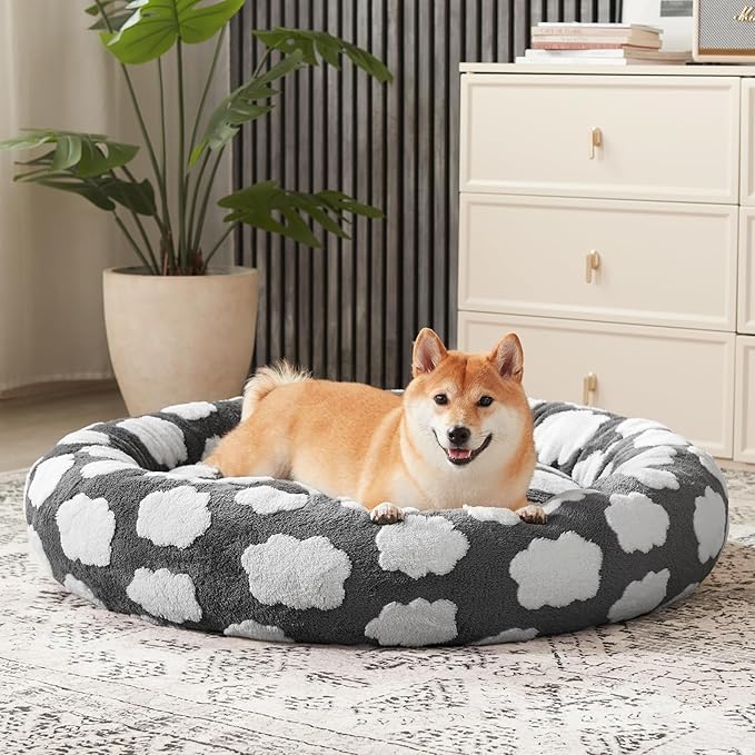 JOEJOY Donut Large Dog Bed, Cute Round Calming Dog Bed with Removable Washable Cover, Orthopedic Pet Beds with Jacquard Shaggy Plush & Non Skid Bottom, Black